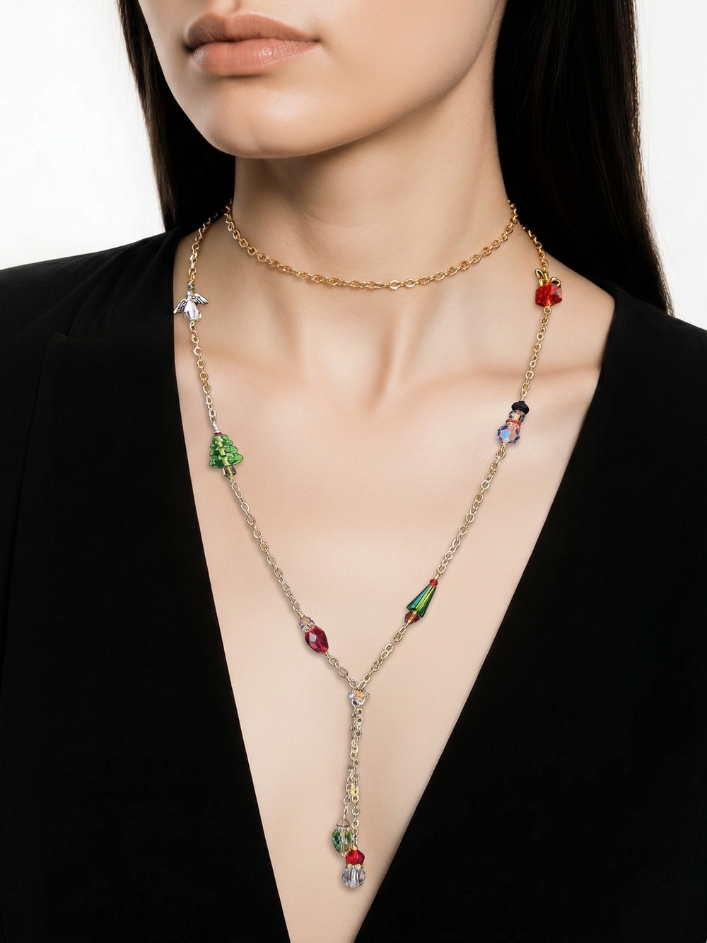 Gold Multi-Color Charm Lariat Necklace with Red & Green Accents